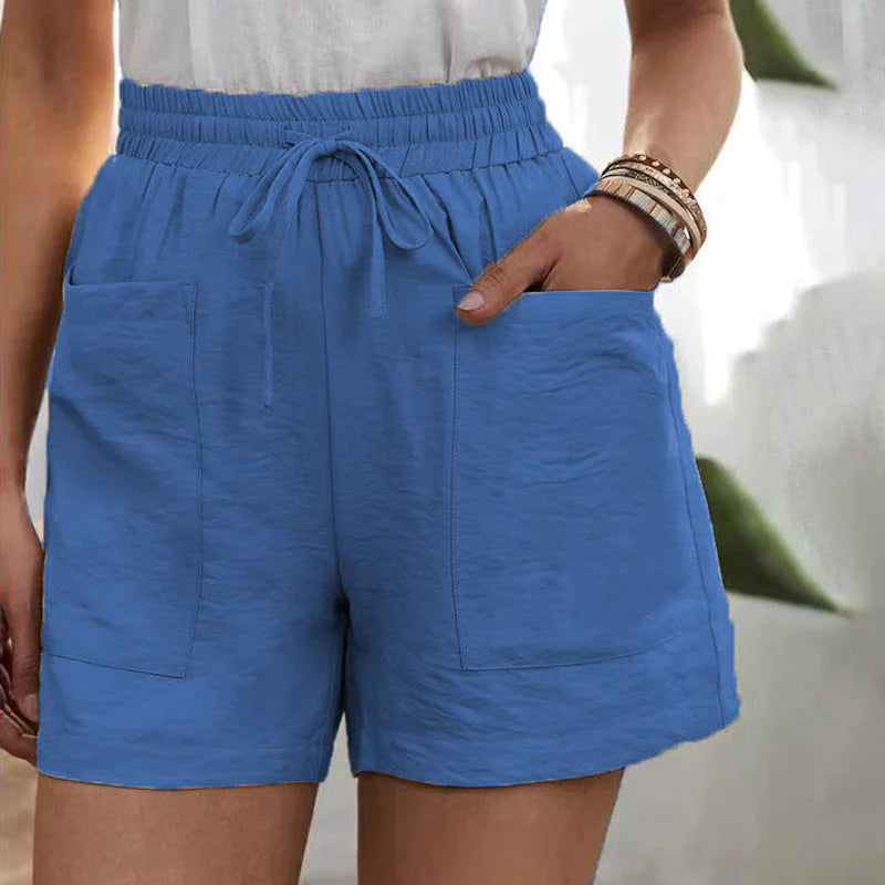 Sommarshorts - Högmidjade linneshorts med dragsko för kvinnor-Eva Jonsson