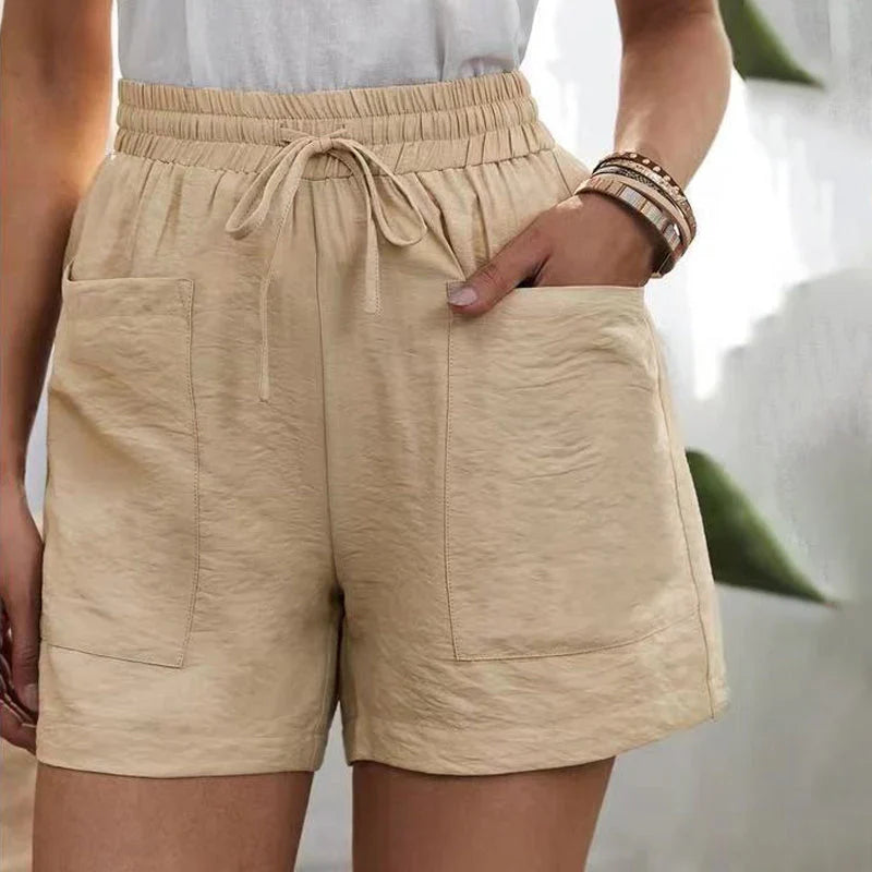 Sommarshorts - Högmidjade linneshorts med dragsko för kvinnor-Eva Jonsson