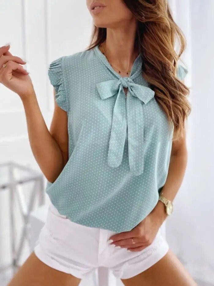 Sommartopp - Kortärmad - Polka Dot - Blus med knytband i halsen - Damkläder-Eva Jonsson