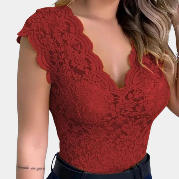 Spetsöverdel | Slim Fit | V-ringad | Ärmlös spetsöverdel | Damkläder-Eva Jonsson