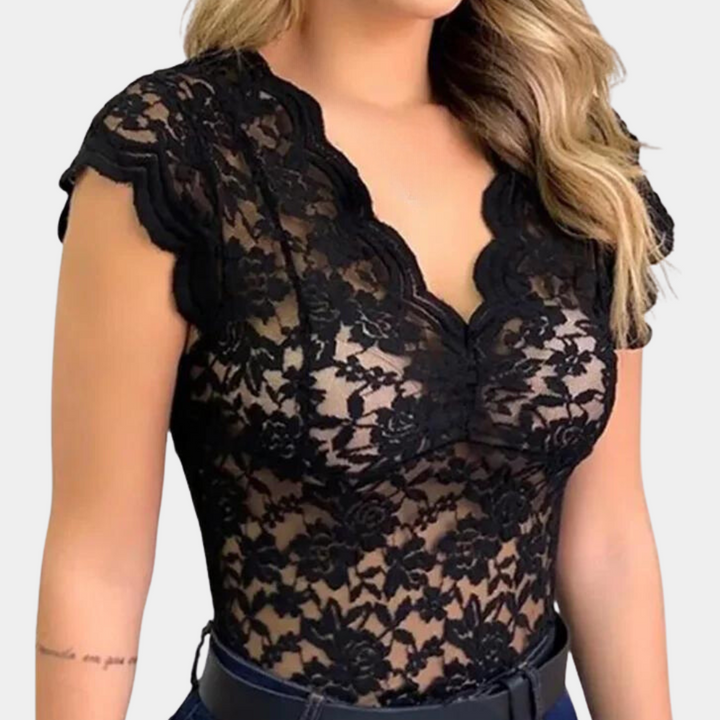 Spetsöverdel | Slim Fit | V-ringad | Ärmlös spetsöverdel | Damkläder-Eva Jonsson