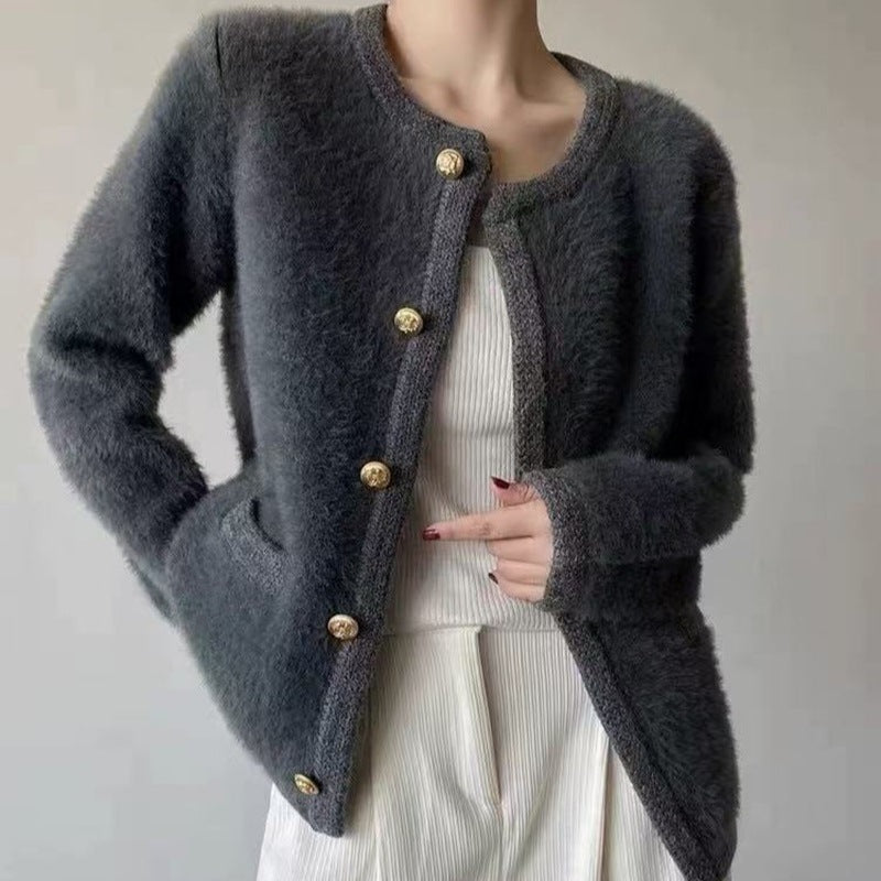 Stickad Cardigan | Grå | Knäppt | Fluffig Cardigan | Dam Cardigan-Eva Jonsson