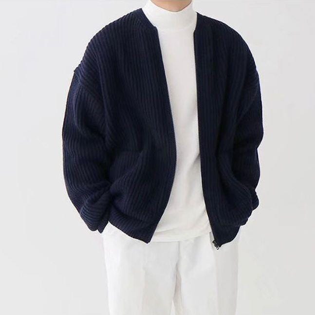 Stickad Cardigan - Varm Chunky Vinter Cardigan med dragkedja och fickor för män-Eva Jonsson