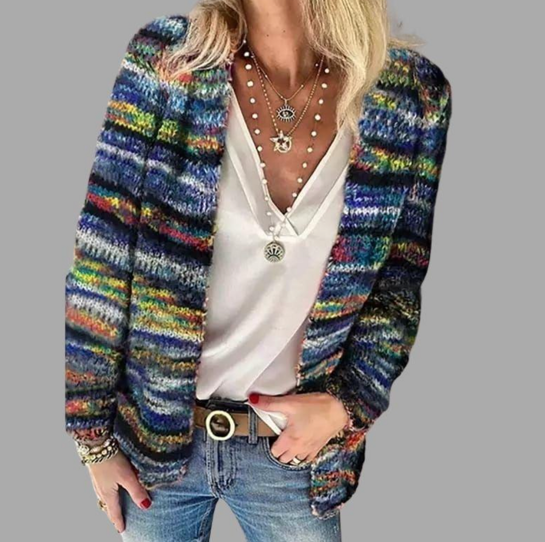 Stickad Cardigan - Varm färgstark randig stickad cardiganjacka för kvinnor-Eva Jonsson