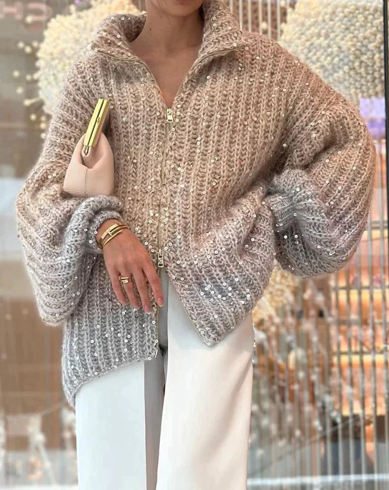 Stickad Cardigan | Zip-Up | Sequin | Chunky Cardigan | Dam Cardigan-Eva Jonsson