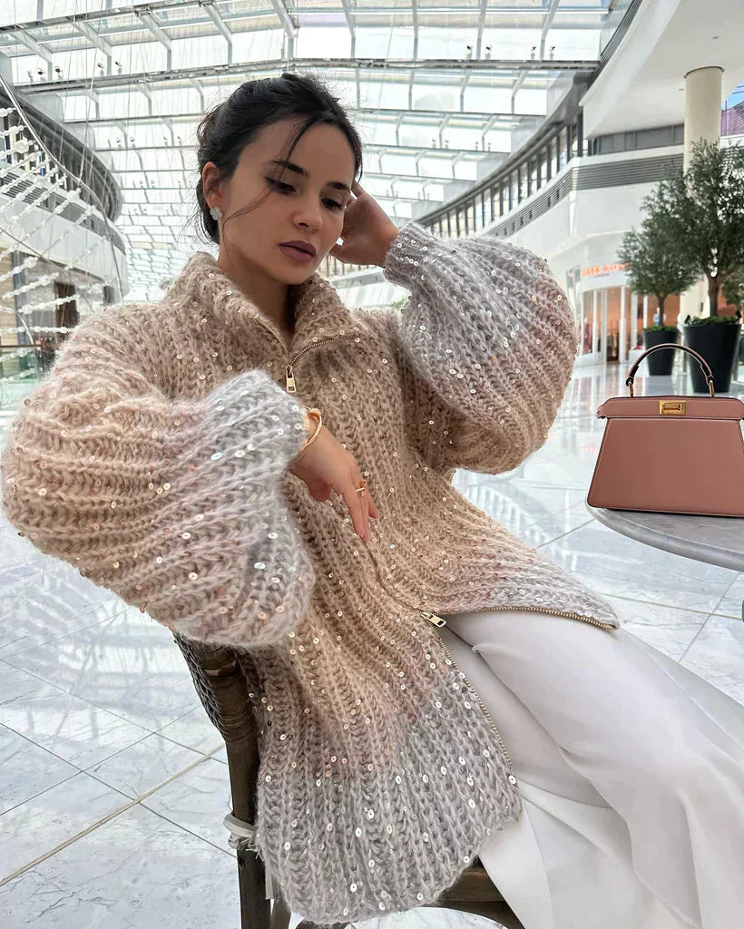 Stickad Cardigan | Zip-Up | Sequin | Chunky Cardigan | Dam Cardigan-Eva Jonsson