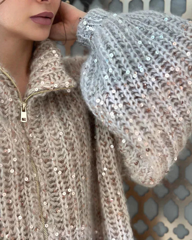 Stickad Cardigan | Zip-Up | Sequin | Chunky Cardigan | Dam Cardigan-Eva Jonsson