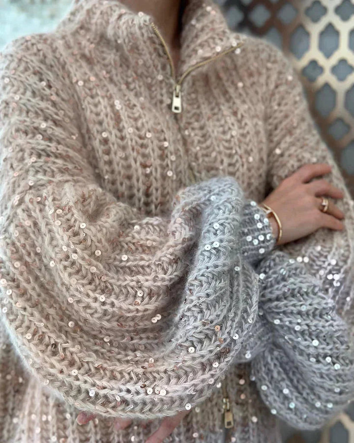 Stickad Cardigan | Zip-Up | Sequin | Chunky Cardigan | Dam Cardigan-Eva Jonsson