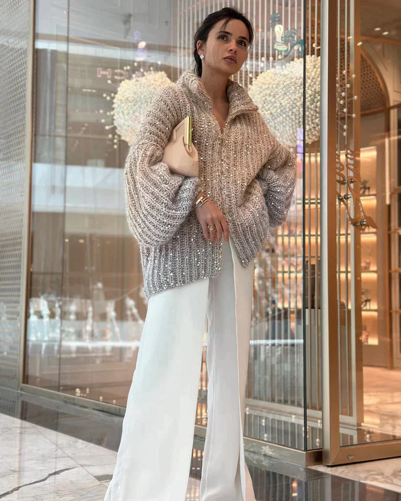 Stickad Cardigan | Zip-Up | Sequin | Chunky Cardigan | Dam Cardigan-Eva Jonsson