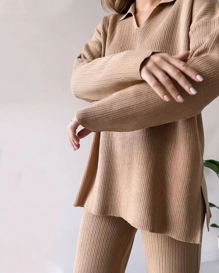 Stickad Co-Ord | Långärmad | Ribbad | Stickat Lounge Set | Loungekläder för Kvinnor-Eva Jonsson