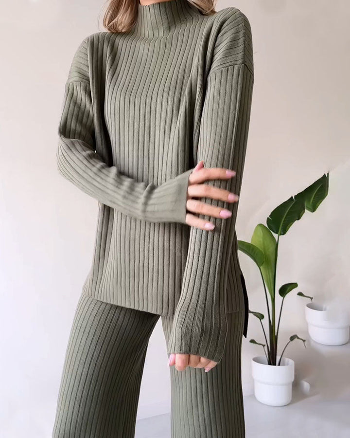 Stickad Co Ord | Turtleneck | Ribbad | Wide Leg Co Ord | Tvådelat set för kvinnor-Eva Jonsson