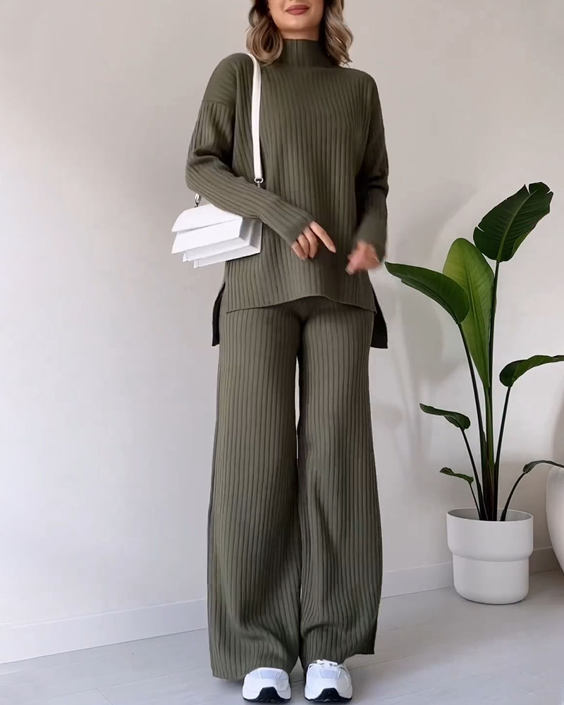Stickad Co Ord | Turtleneck | Ribbad | Wide Leg Co Ord | Tvådelat set för kvinnor-Eva Jonsson