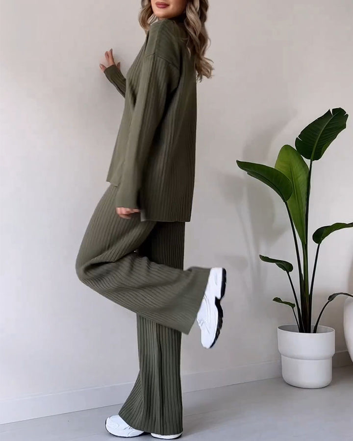 Stickad Co Ord | Turtleneck | Ribbad | Wide Leg Co Ord | Tvådelat set för kvinnor-Eva Jonsson