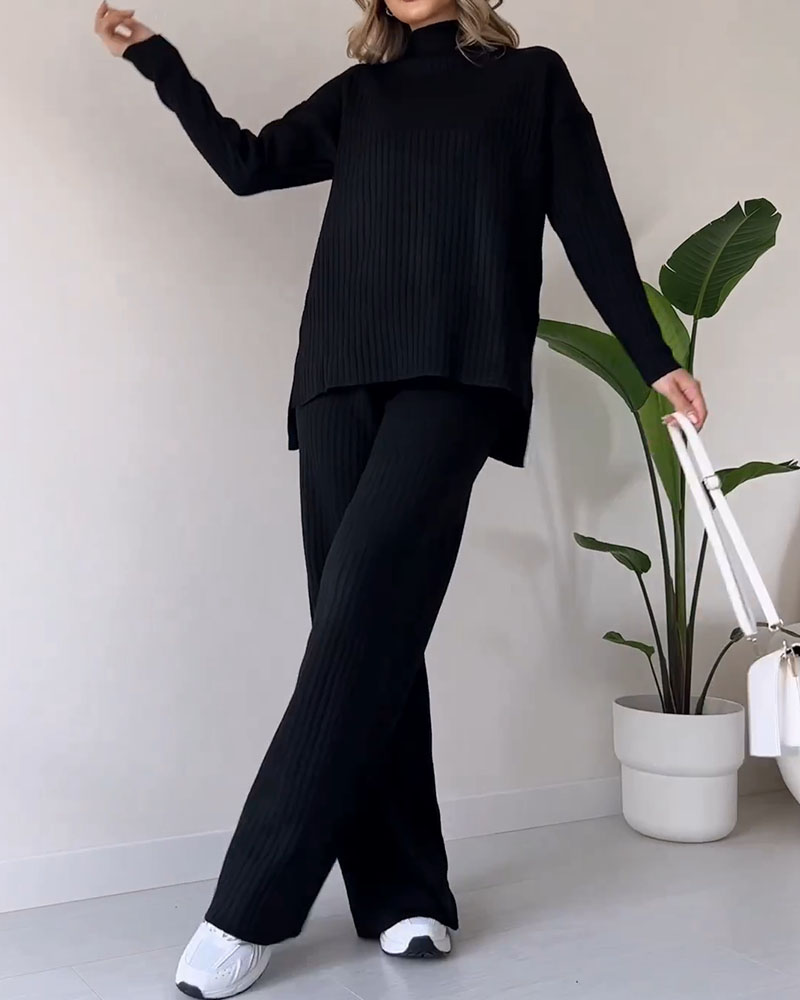 Stickad Co Ord | Turtleneck | Ribbad | Wide Leg Co Ord | Tvådelat set för kvinnor-Eva Jonsson