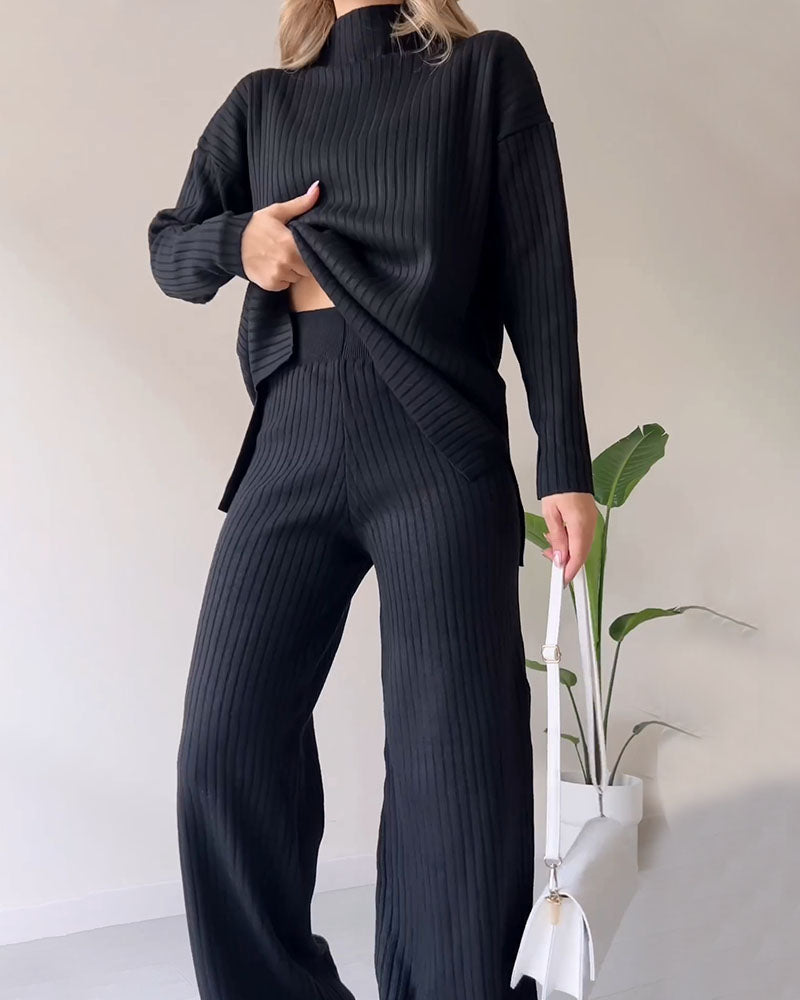 Stickad Co Ord | Turtleneck | Ribbad | Wide Leg Co Ord | Tvådelat set för kvinnor-Eva Jonsson