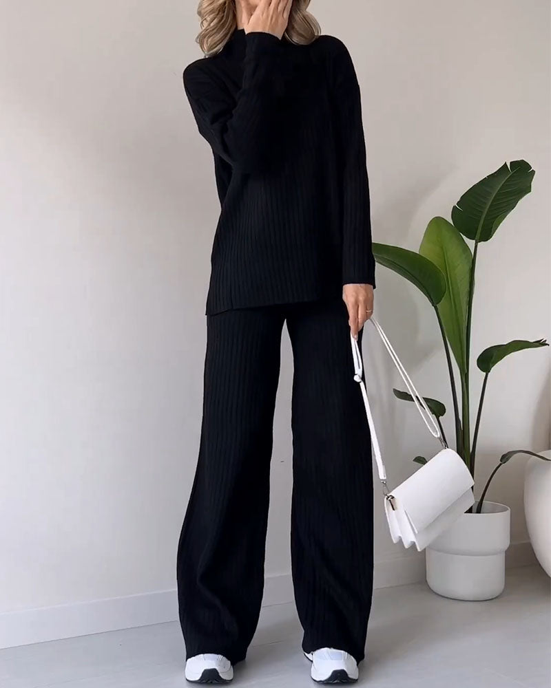 Stickad Co Ord | Turtleneck | Ribbad | Wide Leg Co Ord | Tvådelat set för kvinnor-Eva Jonsson