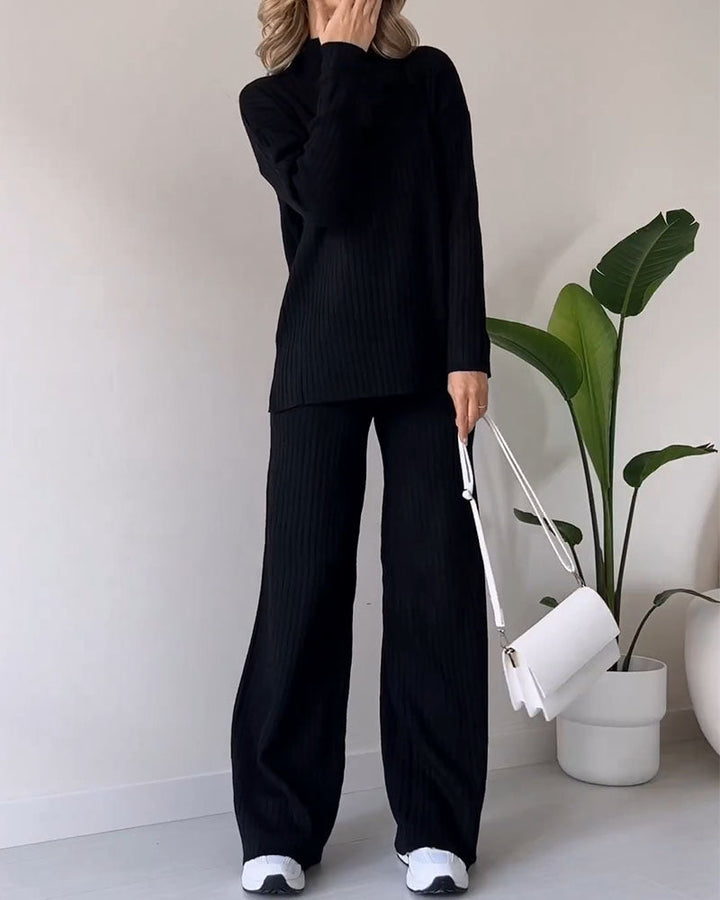 Stickad Co Ord | Turtleneck | Ribbad | Wide Leg Co Ord | Tvådelat set för kvinnor-Eva Jonsson