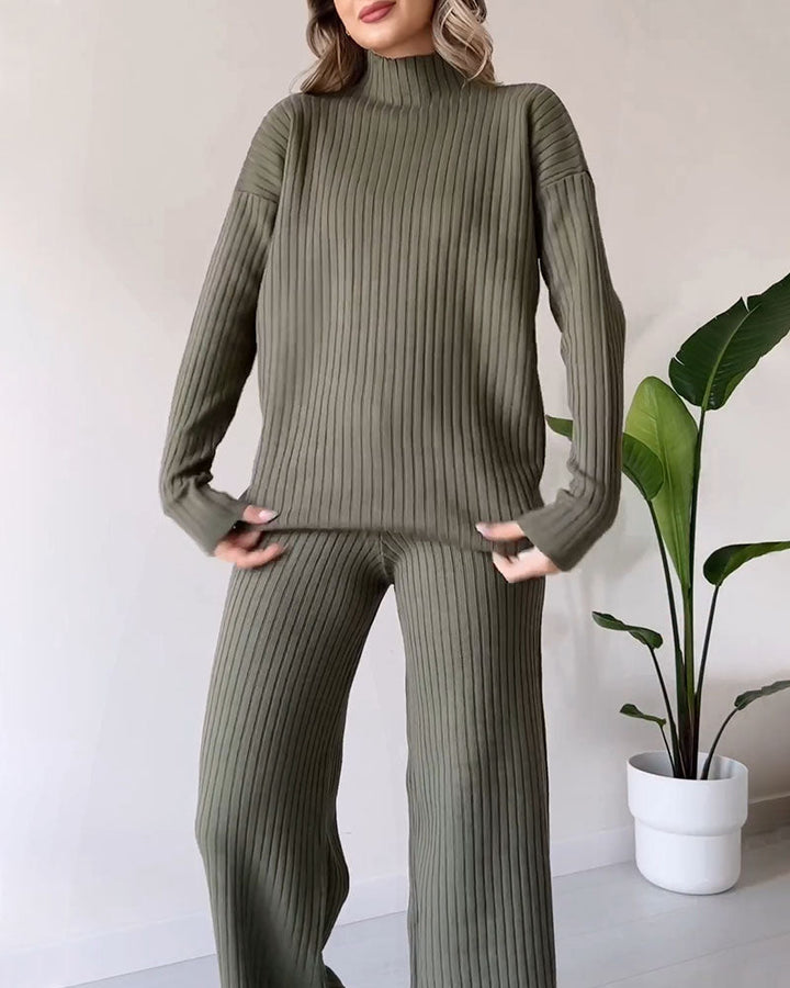 Stickad Co Ord | Turtleneck | Ribbad | Wide Leg Co Ord | Tvådelat set för kvinnor-Eva Jonsson
