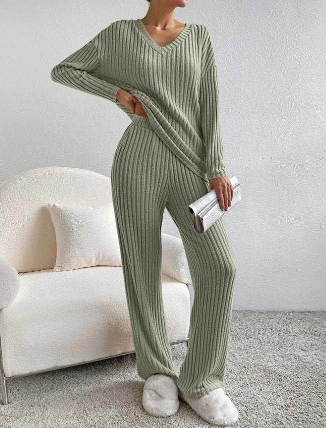Stickad Co-Ord | Tvådelad | Långärmad | Ribbad Lounge Set | Loungekläder för kvinnor-Eva Jonsson