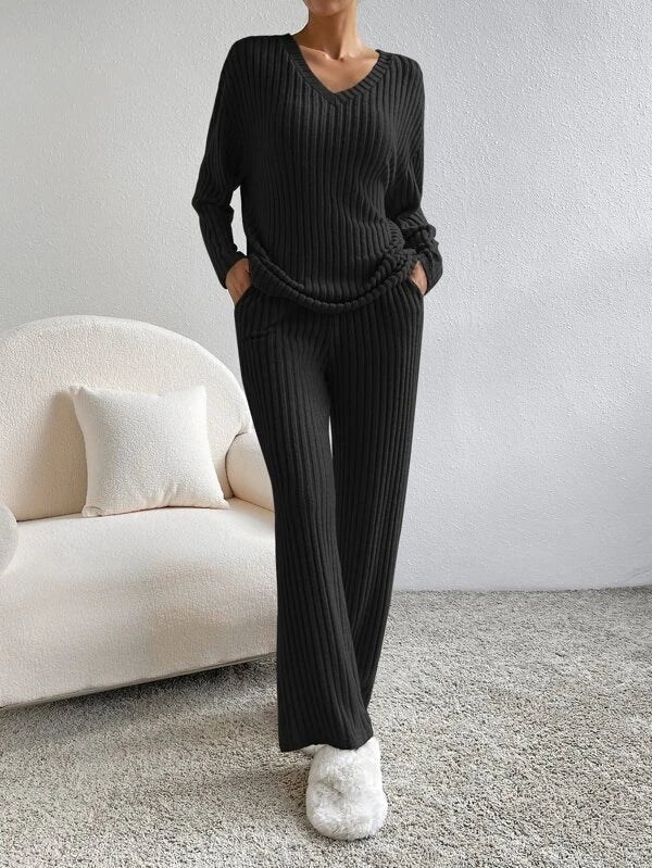 Stickad Co-Ord | Tvådelad | Långärmad | Ribbad Lounge Set | Loungekläder för kvinnor-Eva Jonsson