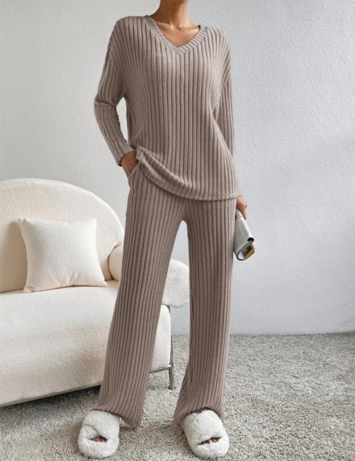 Stickad Co-Ord | Tvådelad | Långärmad | Ribbad Lounge Set | Loungekläder för kvinnor-Eva Jonsson