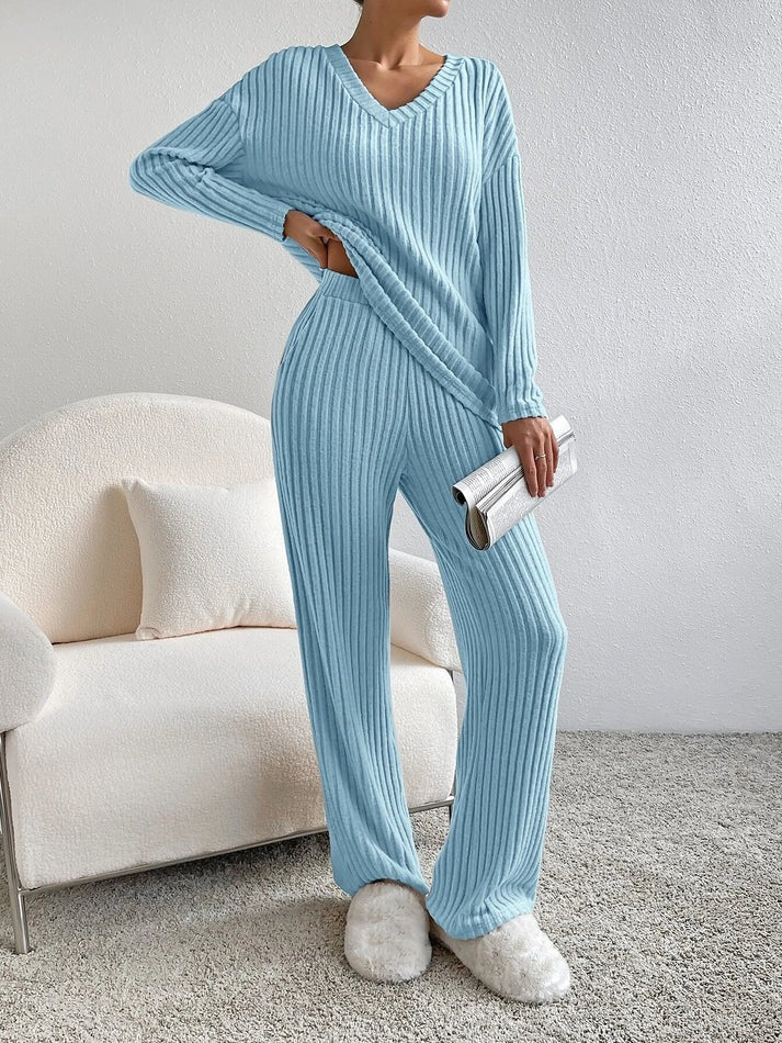 Stickad Co-Ord | Tvådelad | Långärmad | Ribbad Lounge Set | Loungekläder för kvinnor-Eva Jonsson