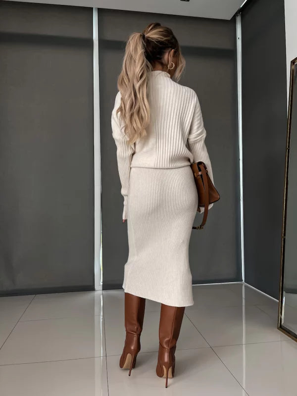 Stickad Co-Ord - Tvådelat set med midikjol och stickad tröja för kvinnor-Eva Jonsson