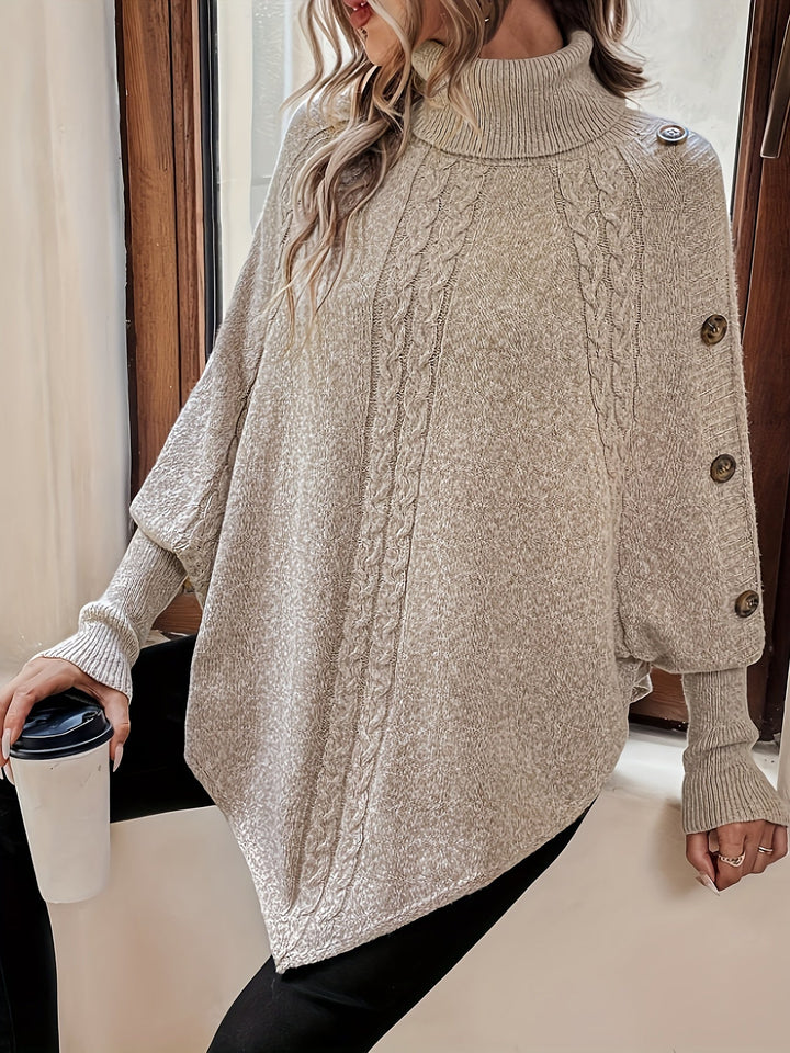 Stickad Poncho | Långärmad | Turtleneck | Ponchotröja | Damstickat-Eva Jonsson