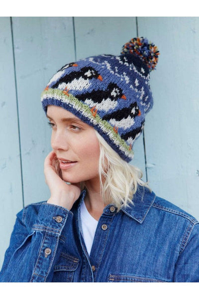 Stickad Puffin Bobble Beanie Mössa för kvinnor-Eva Jonsson