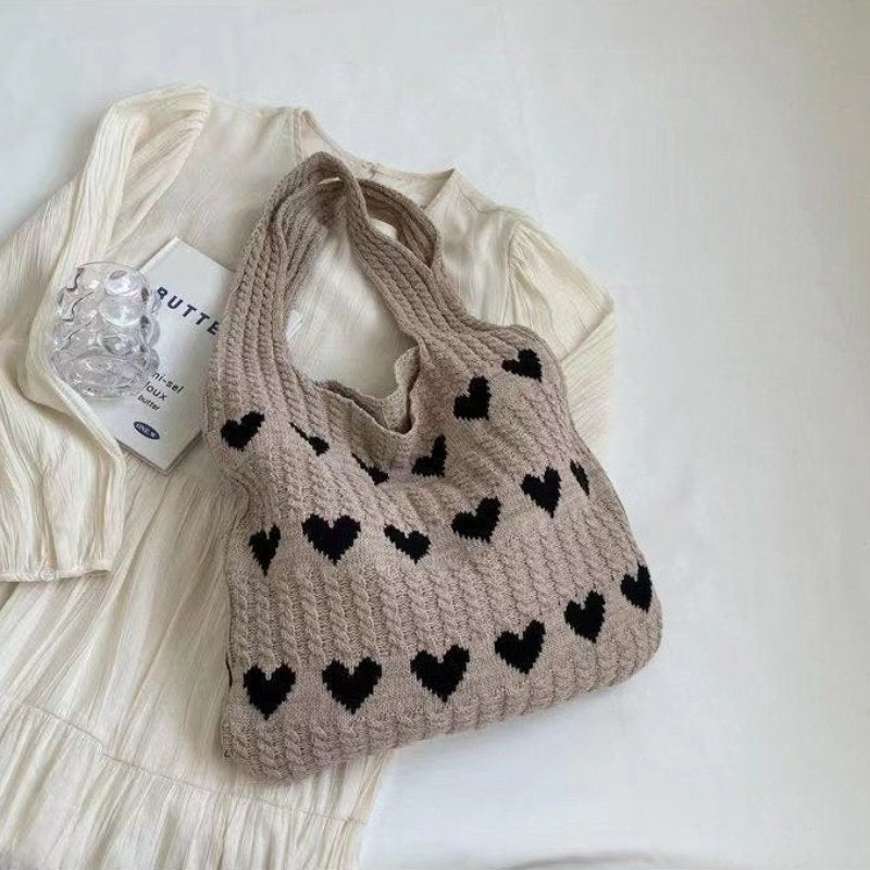 Stickad Tote Bag | Hjärttryck | Stickad | Axelremsväska | Shopper Bag-Eva Jonsson