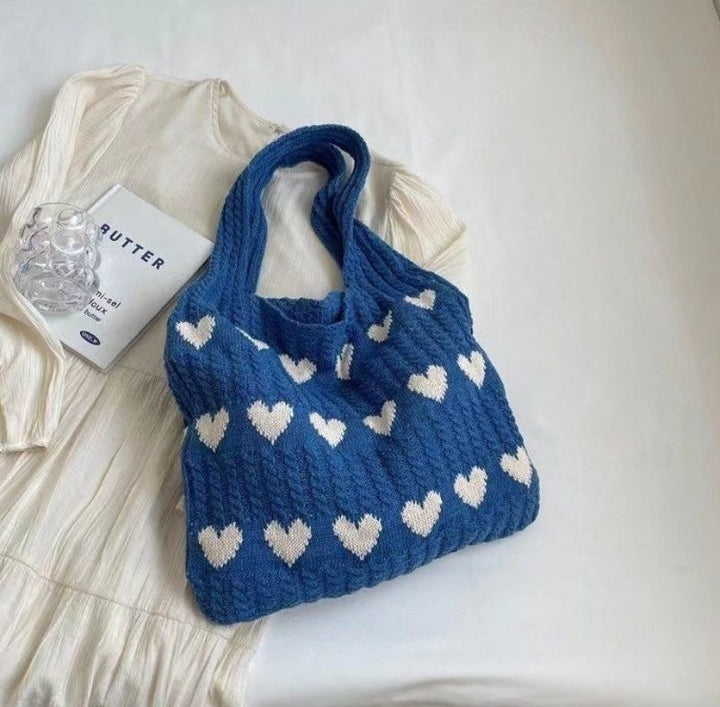 Stickad Tote Bag | Hjärttryck | Stickad | Axelremsväska | Shopper Bag-Eva Jonsson