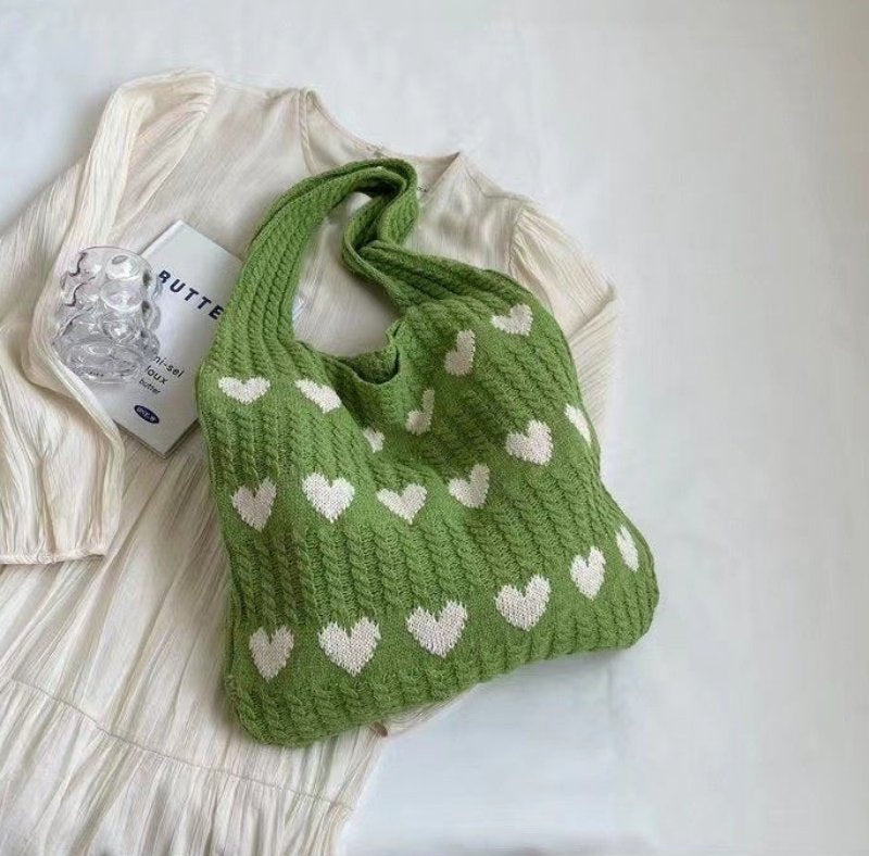 Stickad Tote Bag | Hjärttryck | Stickad | Axelremsväska | Shopper Bag-Eva Jonsson