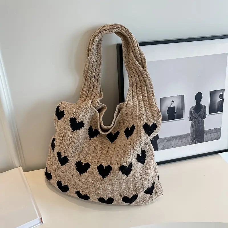 Stickad Tote Bag | Hjärttryck | Stickad | Axelremsväska | Shopper Bag-Eva Jonsson