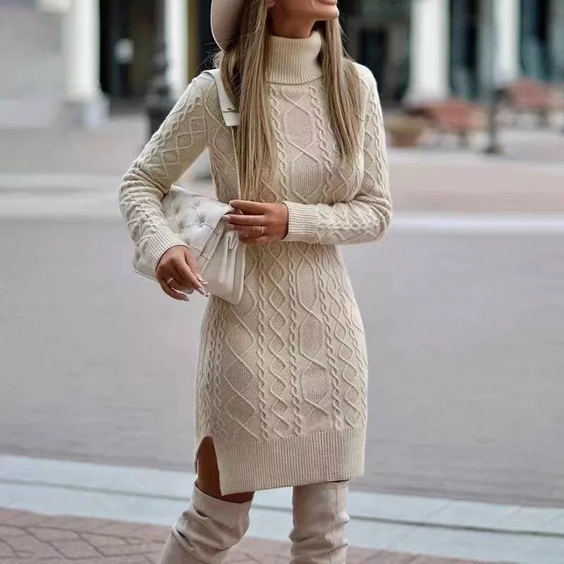 Stickad klänning | Lös passform | Långärmad | Turtleneck-klänning | Vinterklänning-Eva Jonsson