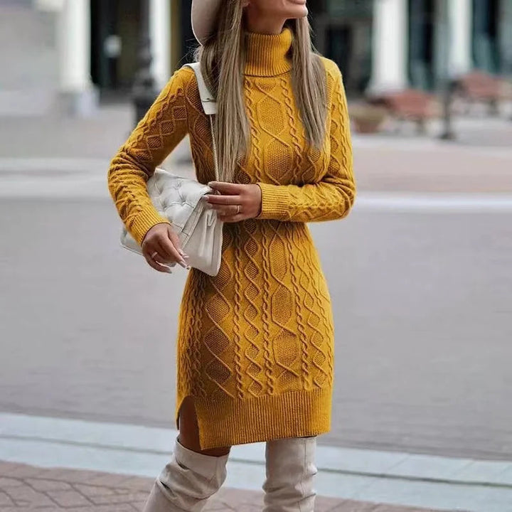Stickad klänning | Lös passform | Långärmad | Turtleneck-klänning | Vinterklänning-Eva Jonsson