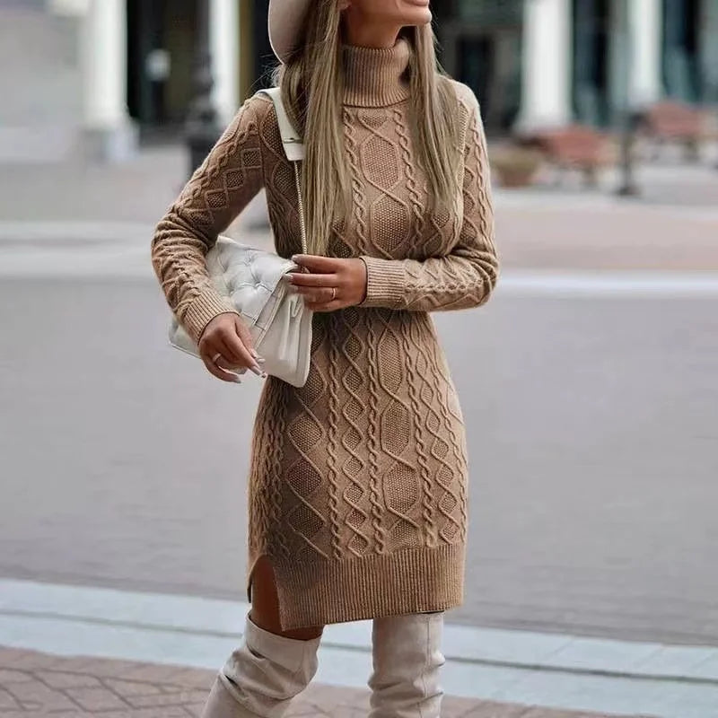 Stickad klänning | Lös passform | Långärmad | Turtleneck-klänning | Vinterklänning-Eva Jonsson