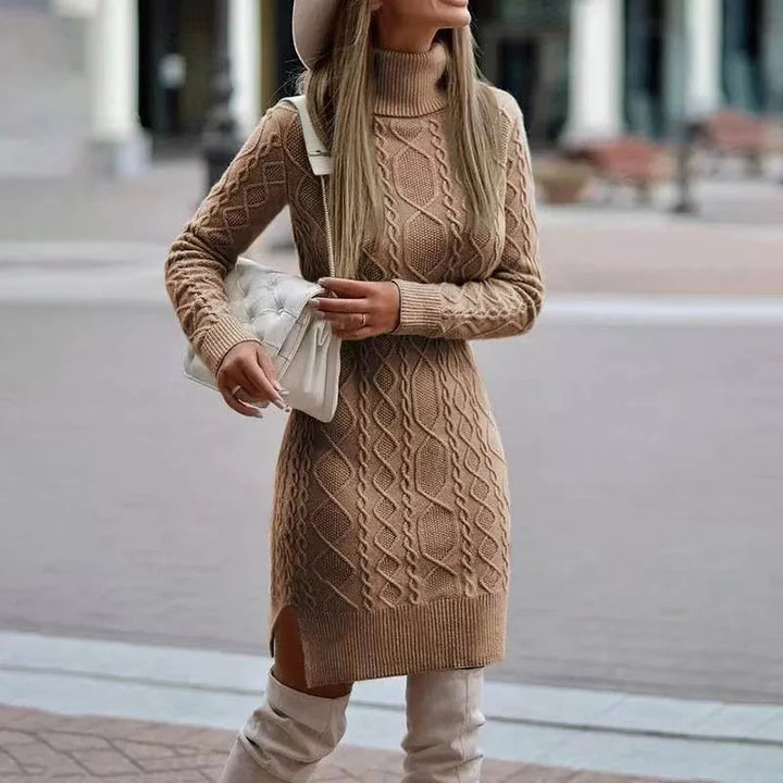 Stickad klänning | Lös passform | Långärmad | Turtleneck-klänning | Vinterklänning-Eva Jonsson