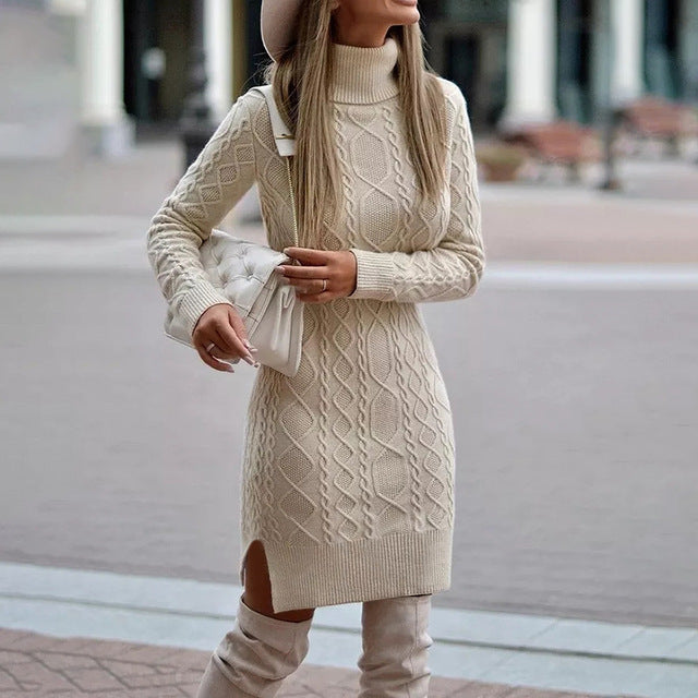 Stickad klänning - Turtleneck - Långärmad - Bodyconklänning - Vinterklänning-Eva Jonsson