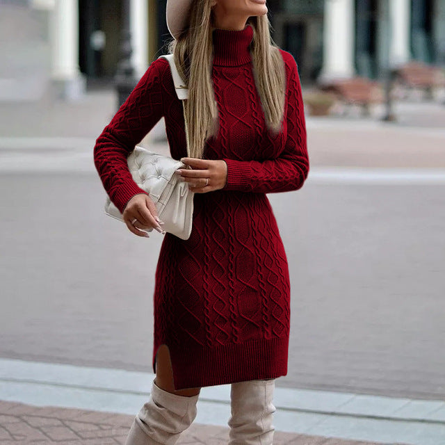 Stickad klänning - Turtleneck - Långärmad - Bodyconklänning - Vinterklänning-Eva Jonsson