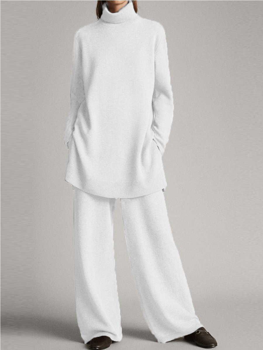 Stickad matchande set - Turtleneck - Vida ben - Stickat tvådelat set - Loungewear för damer-Eva Jonsson