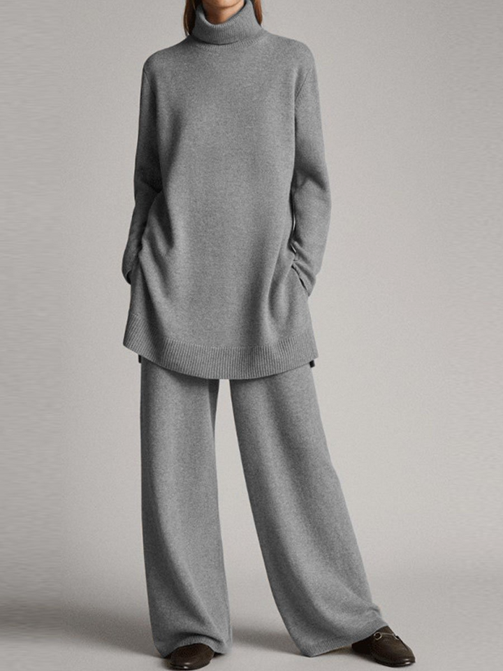 Stickad matchande set - Turtleneck - Vida ben - Stickat tvådelat set - Loungewear för damer-Eva Jonsson