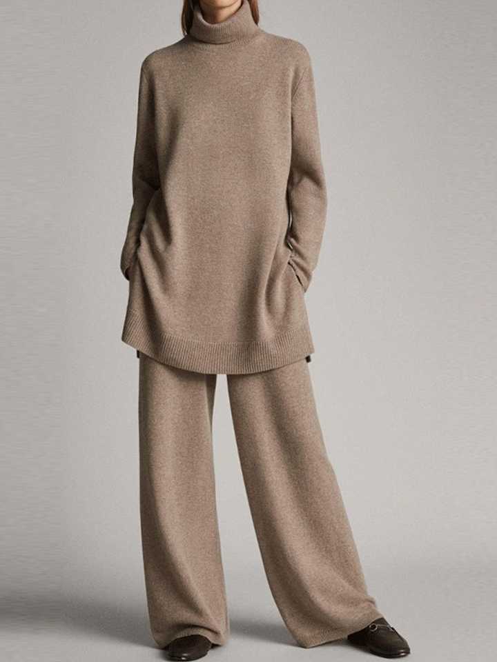 Stickad matchande set - Turtleneck - Vida ben - Stickat tvådelat set - Loungewear för damer-Eva Jonsson