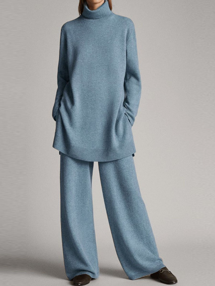 Stickad matchande set - Turtleneck - Vida ben - Stickat tvådelat set - Loungewear för damer-Eva Jonsson