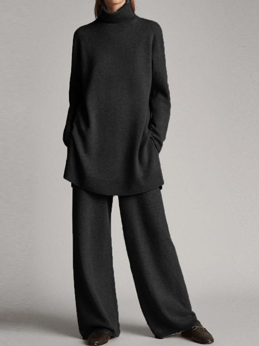Stickad matchande set - Turtleneck - Vida ben - Stickat tvådelat set - Loungewear för damer-Eva Jonsson