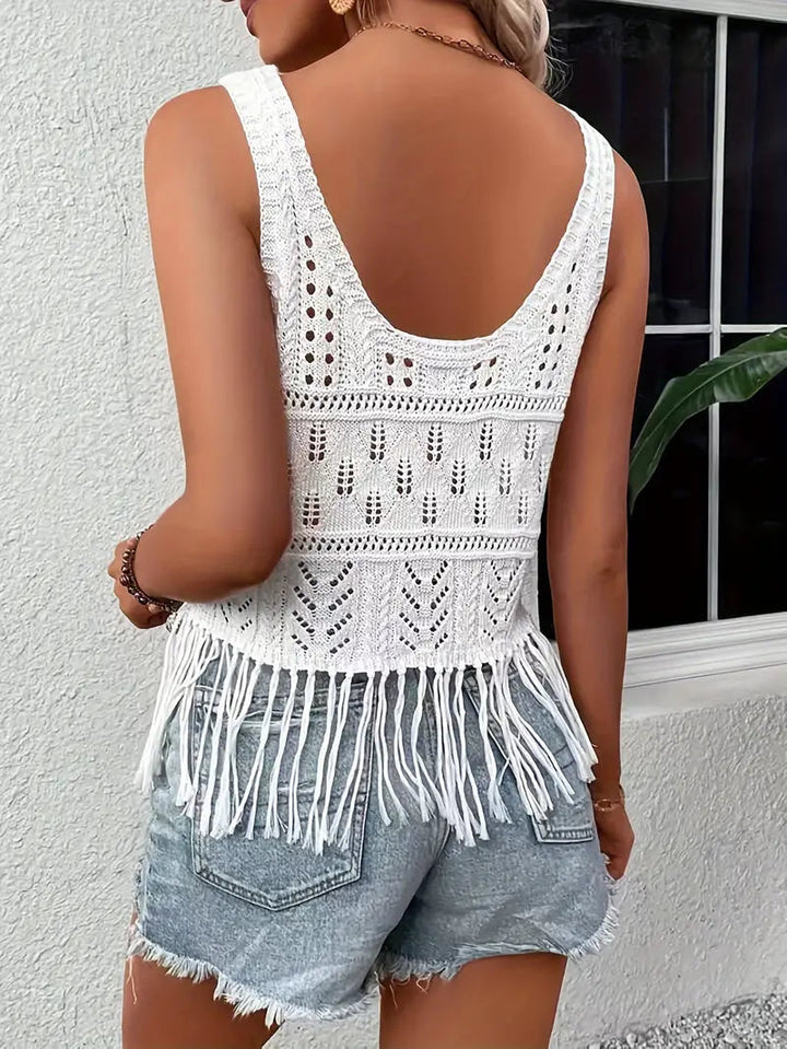 Stickad topp, Vit, Tassel, Boho-topp, Sommaröverdelar-Eva Jonsson