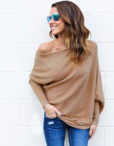Stickad tröja | Fladdermusärm | Lös passform | Off-Shoulder tröja | Damkläder-Eva Jonsson