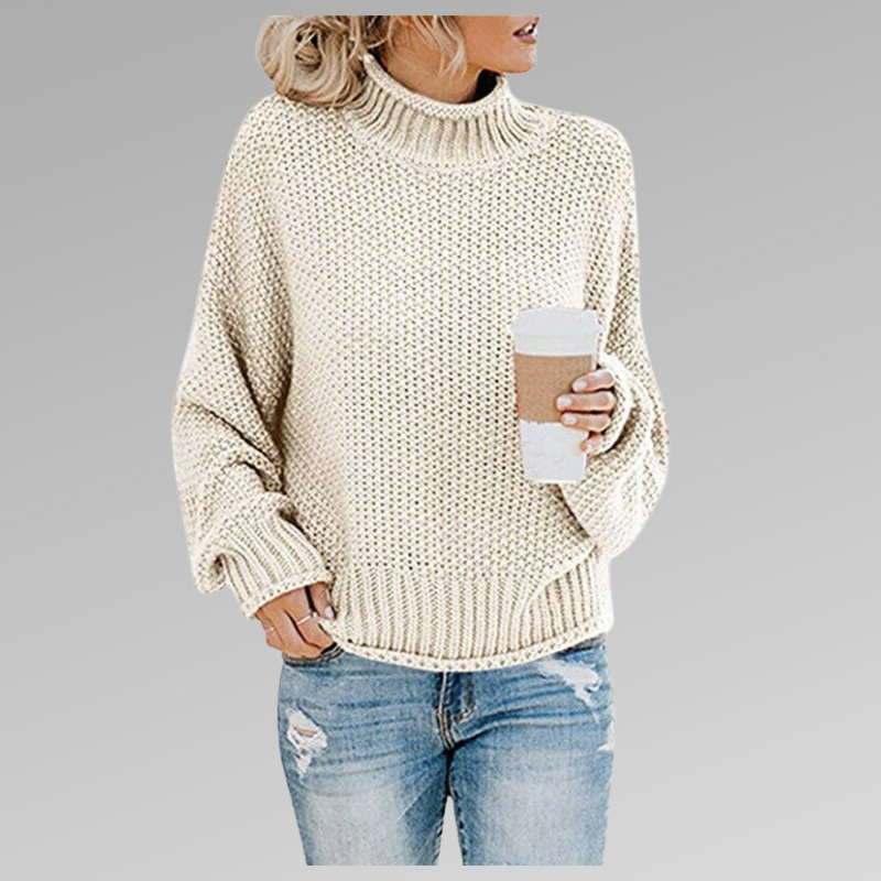 Stickad tröja | Hög hals | Loose Fit | Pullovertröja | Damkläder-Eva Jonsson