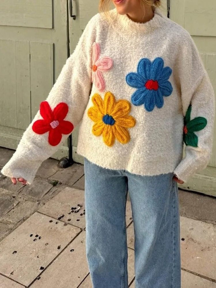 Stickad tröja - Höghalsad vit blommig tröja för kvinnor-Eva Jonsson