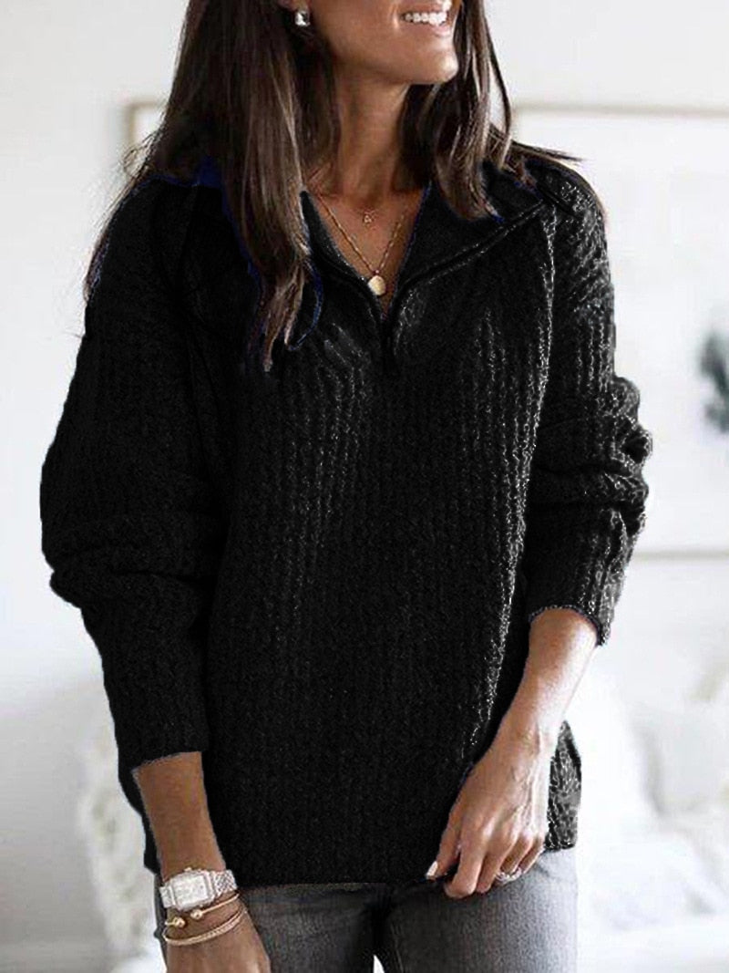 Stickad tröja | Loose Fit | Half-Zip | Vintertröja | Damkläder-Eva Jonsson