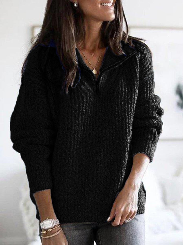 Stickad tröja | Loose Fit | Half-Zip | Vintertröja | Damkläder-Eva Jonsson